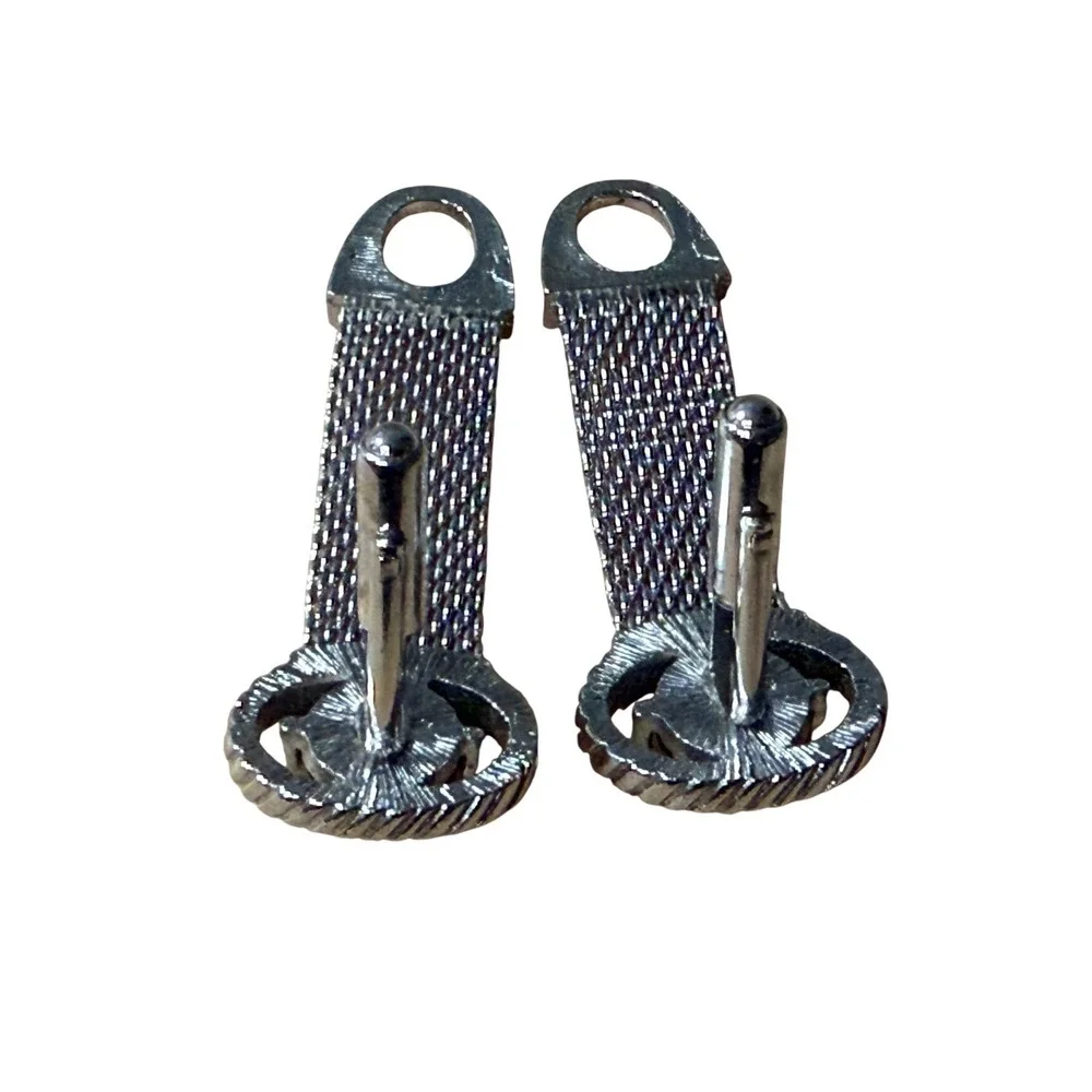 Vintage Mens Swank Silver‎ Tone Green Cabochon Mesh Wrap Around Cufflinks w Box